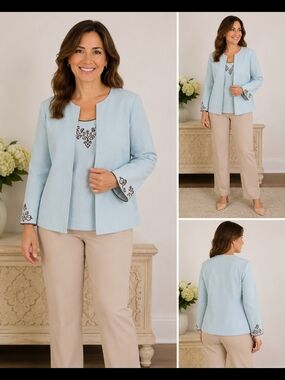 Jessica Howard Woman 2 Pc Linen Blend Embroidered Jacket Shell Top Set Blue 1X